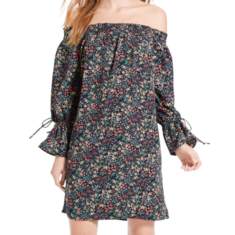 Lucky Brand Ditsy Floral Off The Shoulder Boho Mini Dress Black Multicolor Small